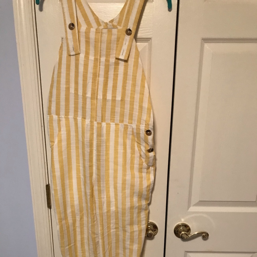 NWT UO pale yellow and white striped overalls
